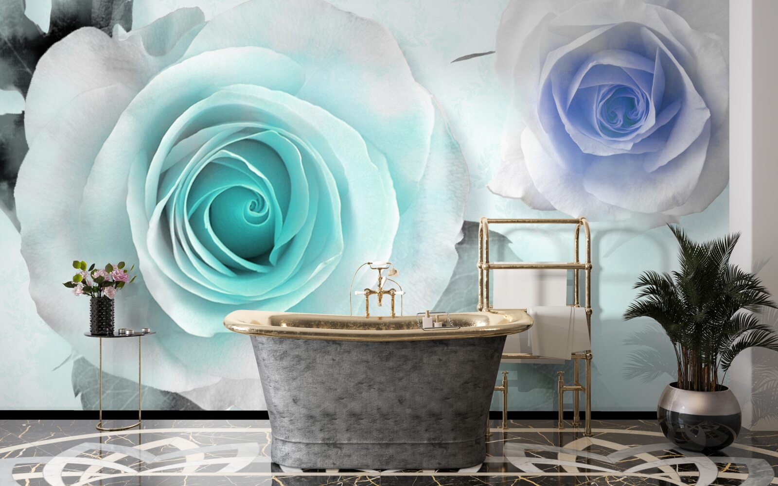 Fotobehang rozen in blauw- en groentinten