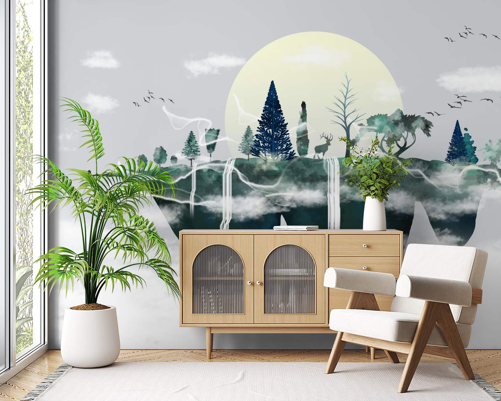 Fotobehang de weerspiegeling in het water toont het weelderige groen van het bos