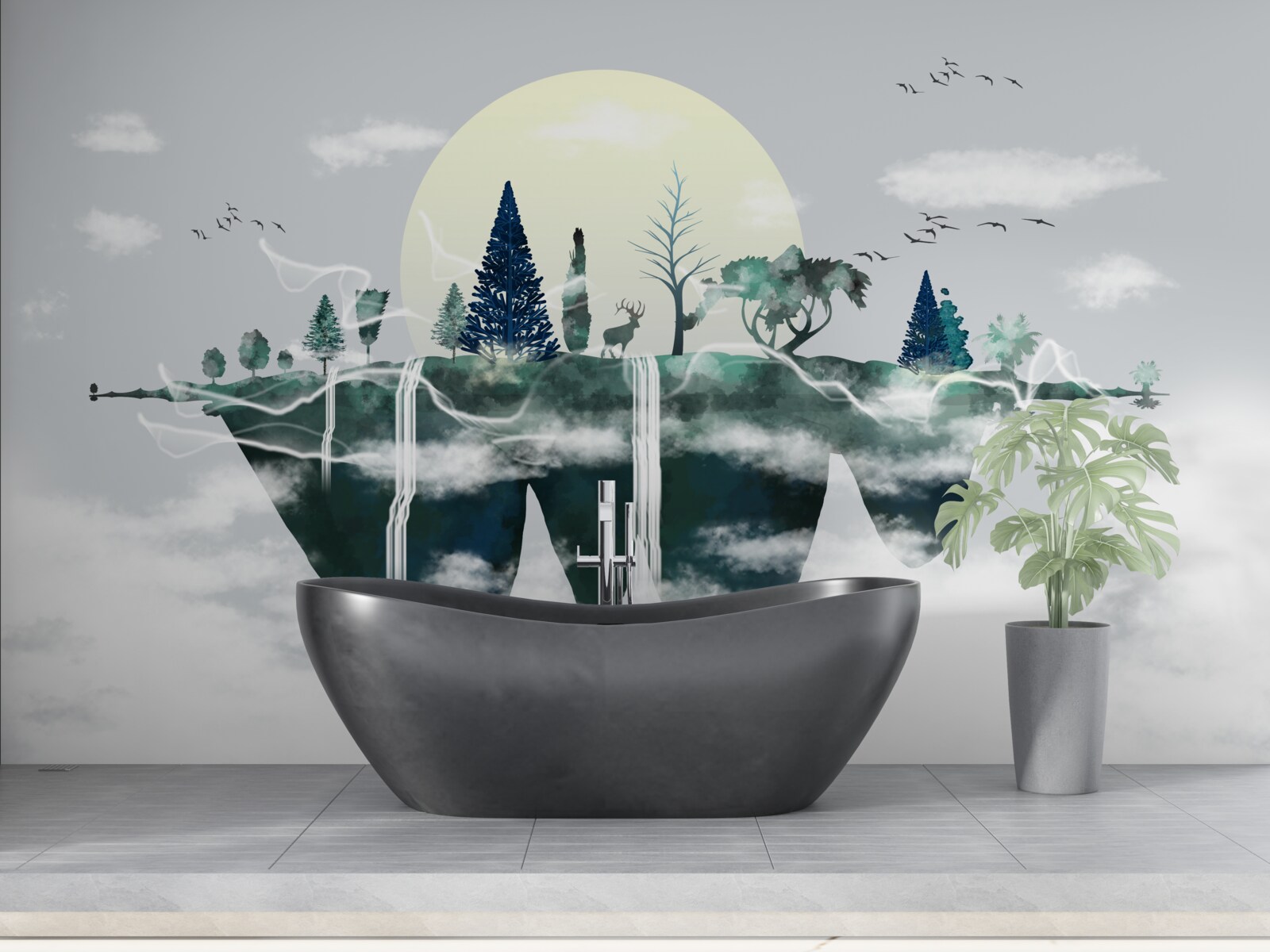 Fotobehang de weerspiegeling in het water toont het weelderige groen van het bos