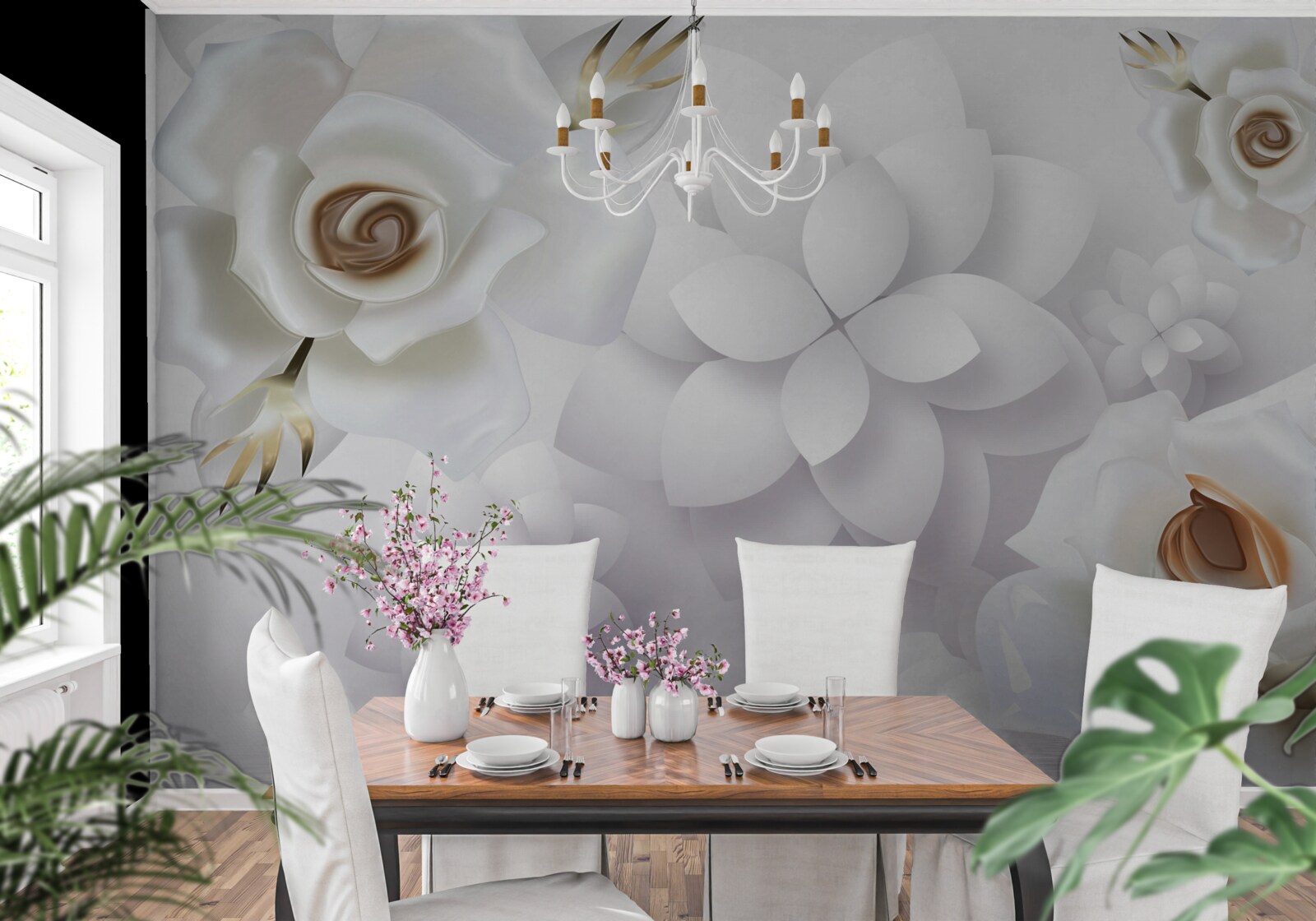 Fotobehang compositie met witte bloemen