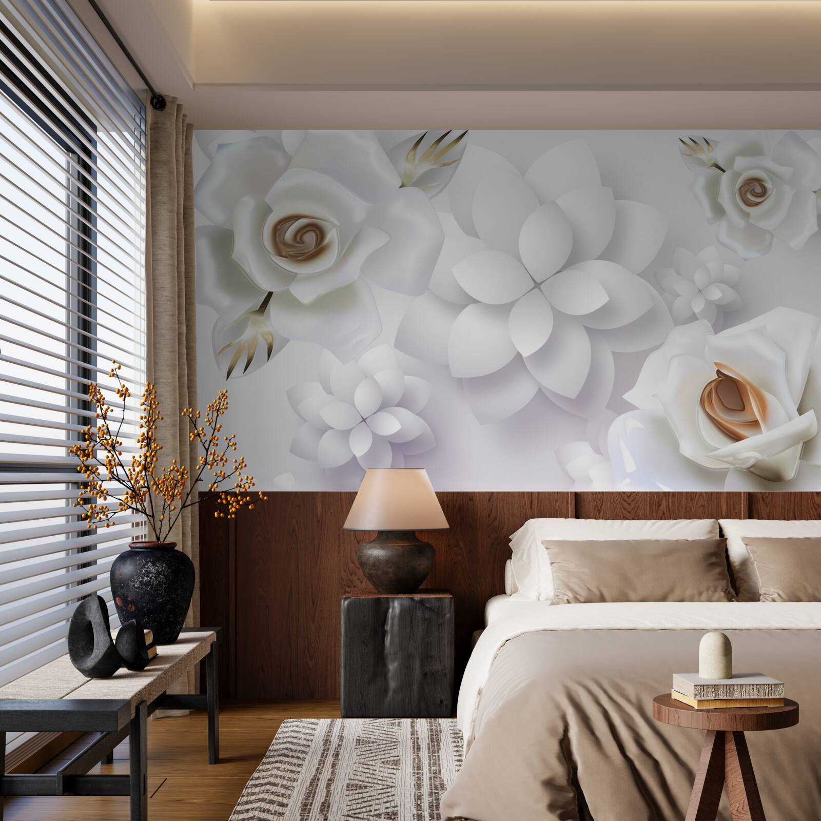 Fotobehang compositie met witte bloemen