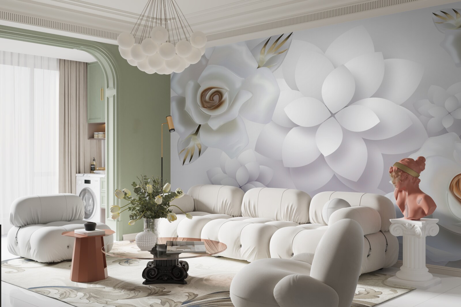 Fotobehang compositie met witte bloemen