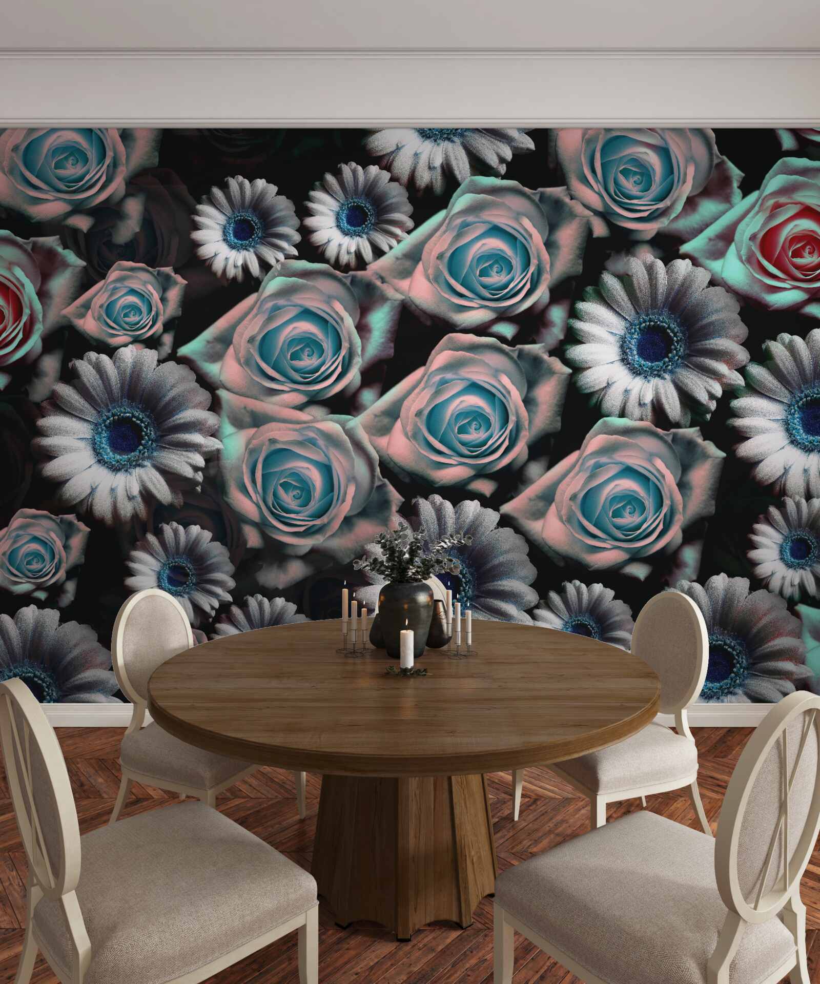 Fotobehang gerbera's en rozen op zwarte achtergrond