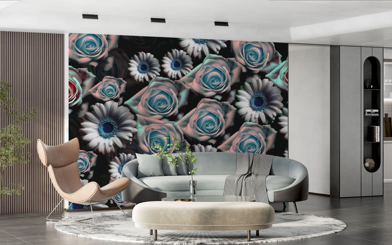 Fotobehang gerbera's en rozen op zwarte achtergrond