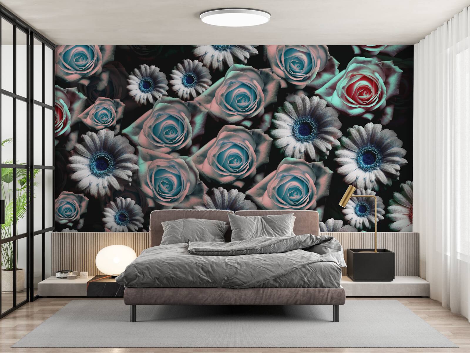 Fotobehang gerbera's en rozen op zwarte achtergrond