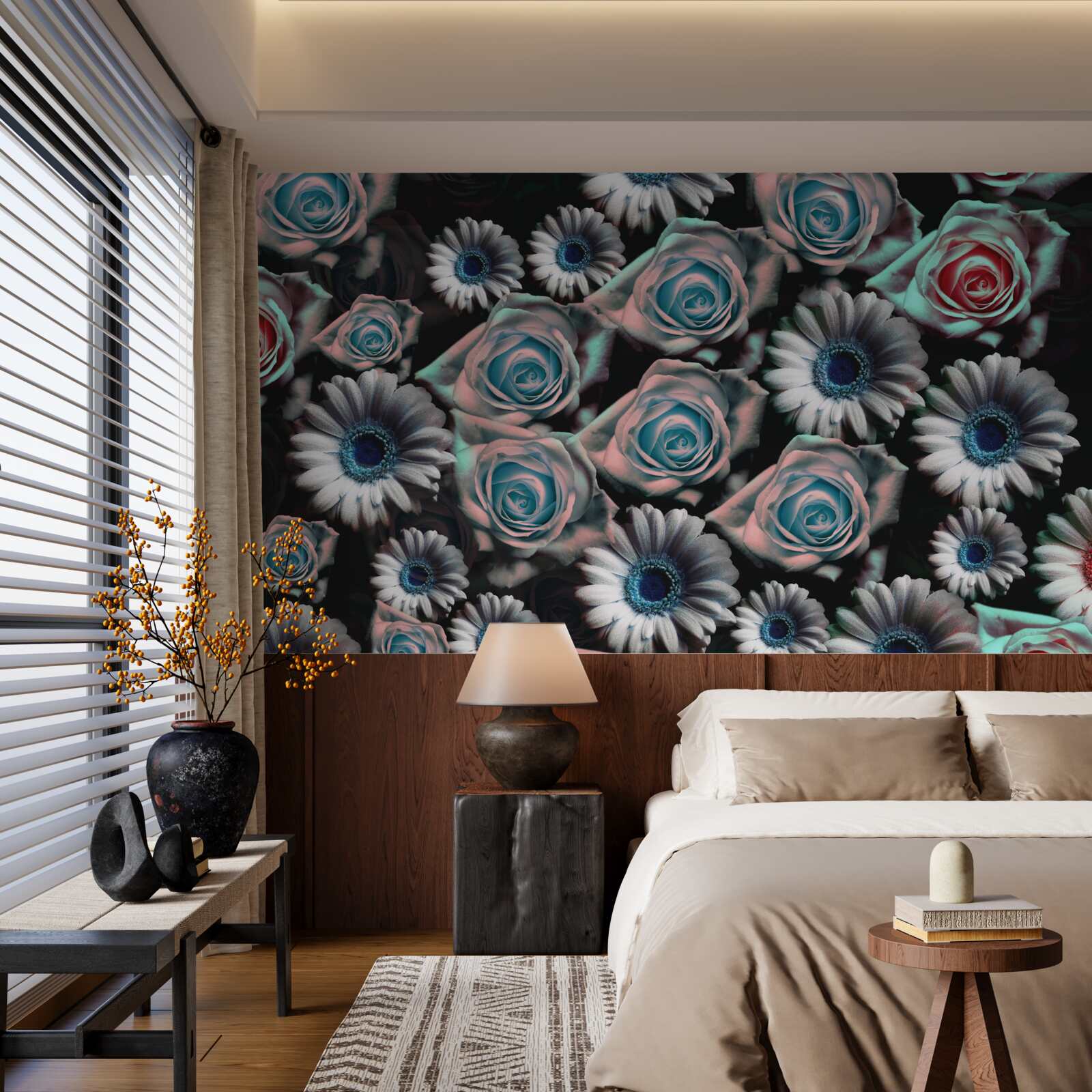 Fotobehang gerbera's en rozen op zwarte achtergrond