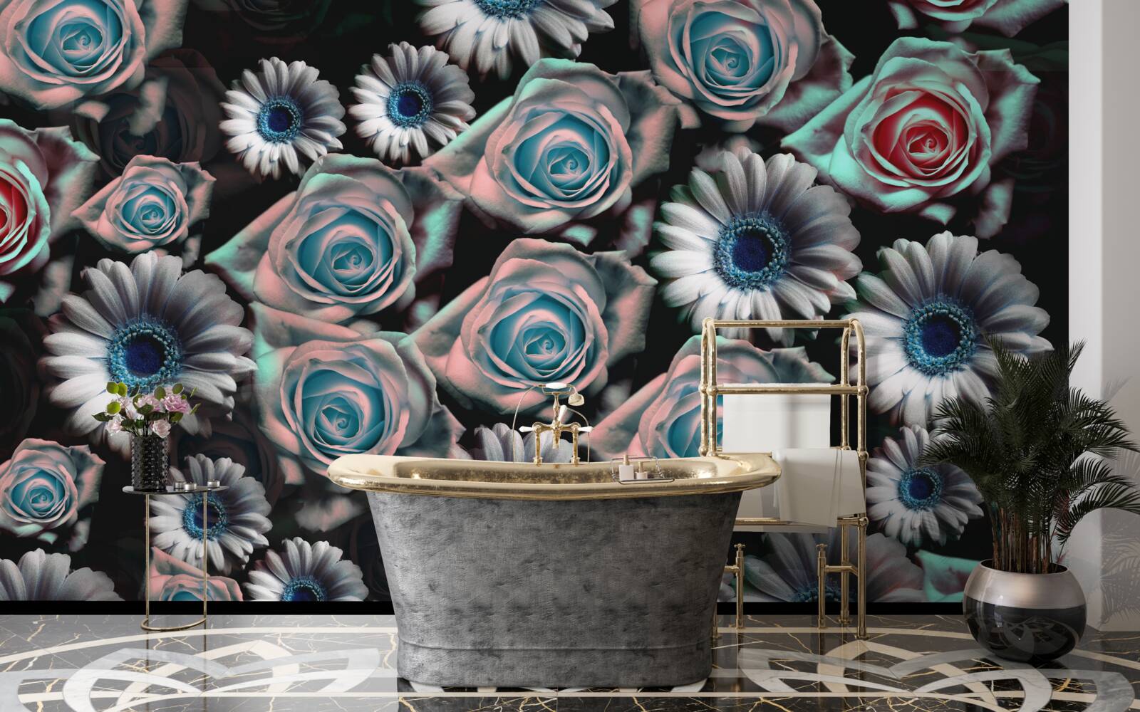 Fotobehang gerbera's en rozen op zwarte achtergrond