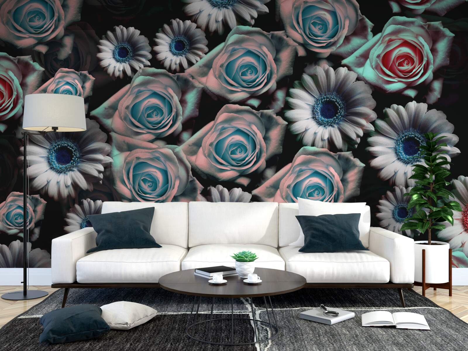 Fotobehang gerbera's en rozen op zwarte achtergrond