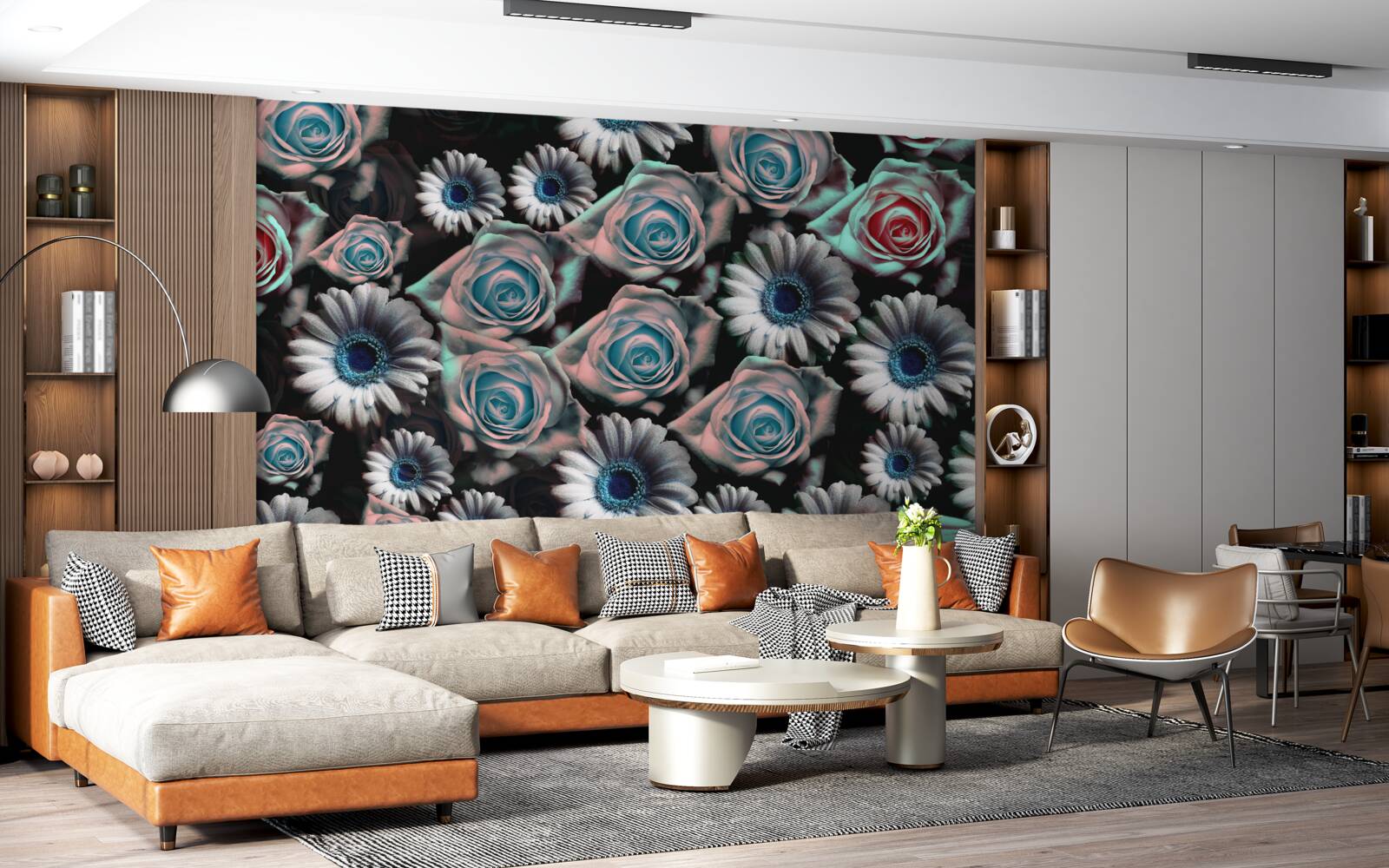 Fotobehang gerbera's en rozen op zwarte achtergrond