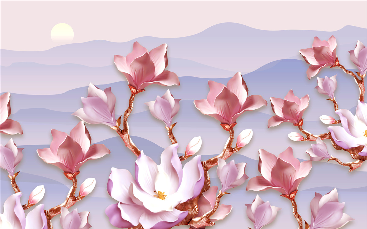 Fotobehang magnolia knoppen roze tegen de dageraad van een stervende dag