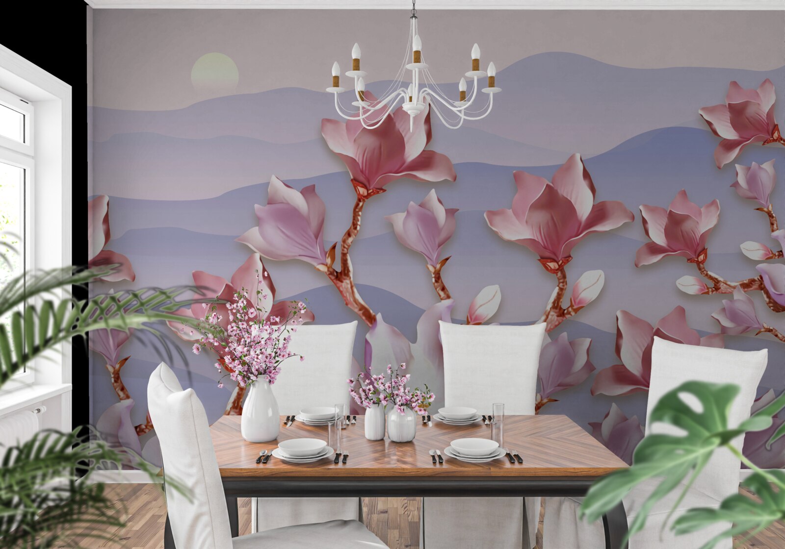 Fotobehang magnolia knoppen roze tegen de dageraad van een stervende dag