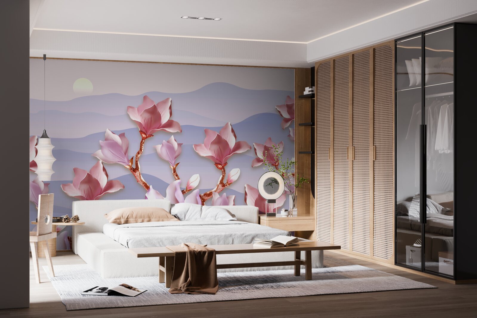 Fotobehang magnolia knoppen roze tegen de dageraad van een stervende dag