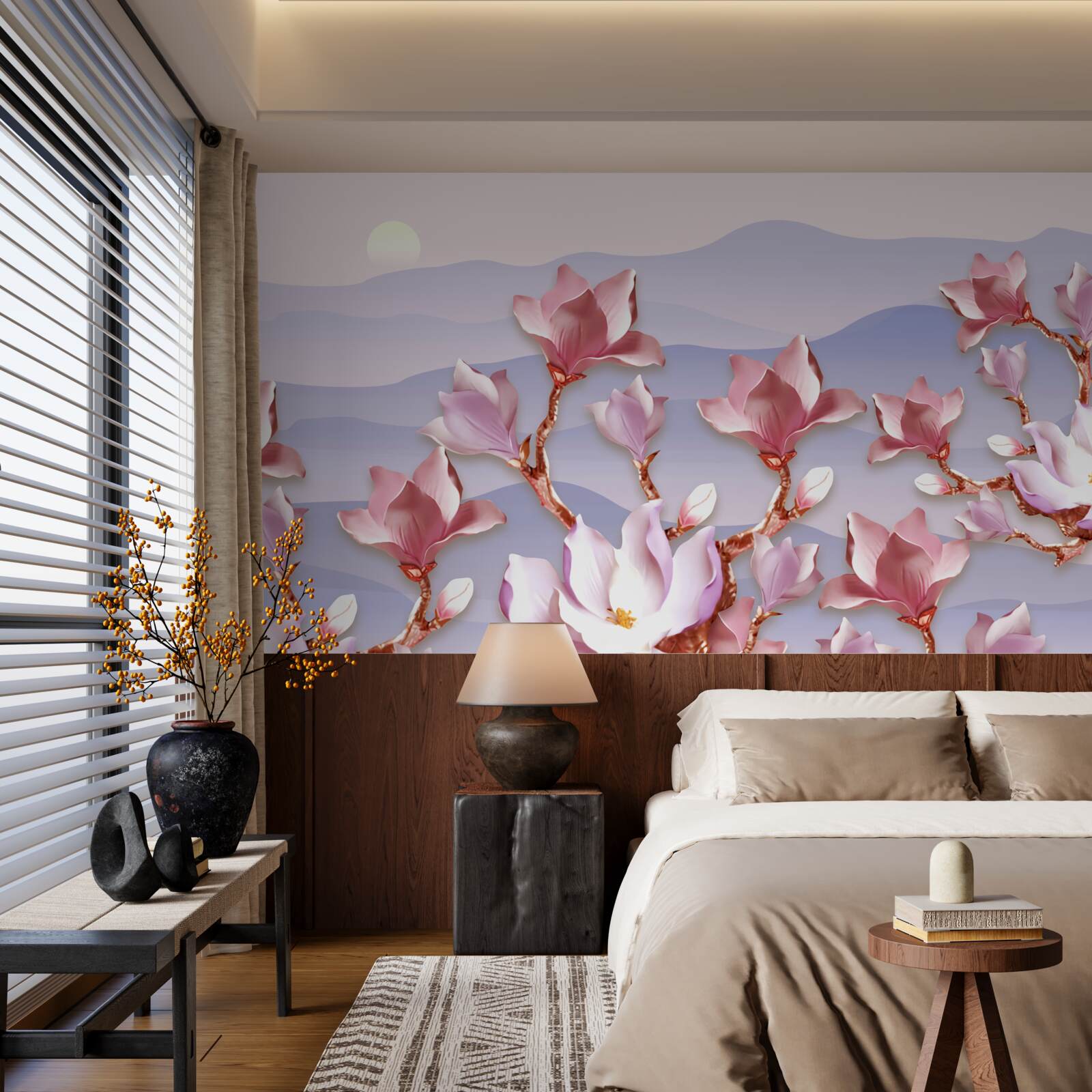 Fotobehang magnolia knoppen roze tegen de dageraad van een stervende dag