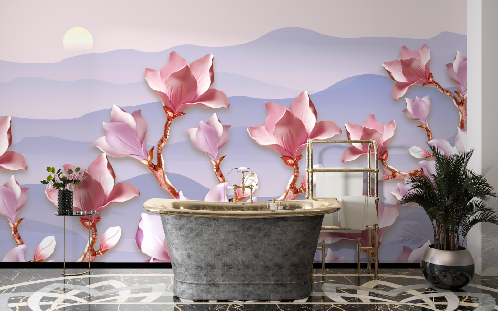 Fotobehang magnolia knoppen roze tegen de dageraad van een stervende dag