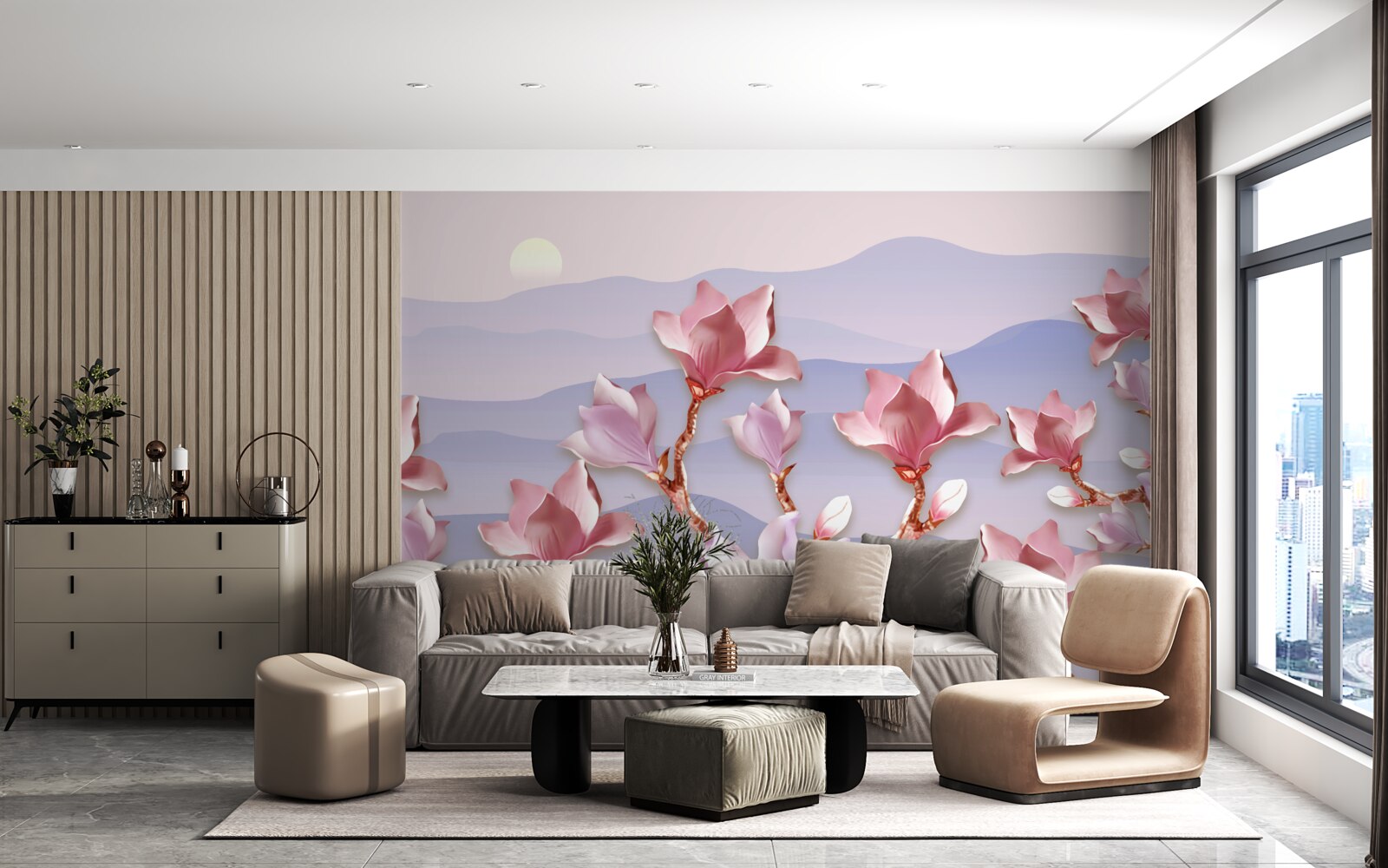 Fotobehang magnolia knoppen roze tegen de dageraad van een stervende dag