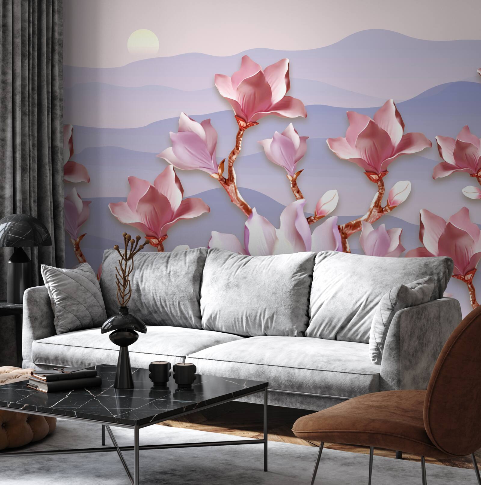 Fotobehang magnolia knoppen roze tegen de dageraad van een stervende dag