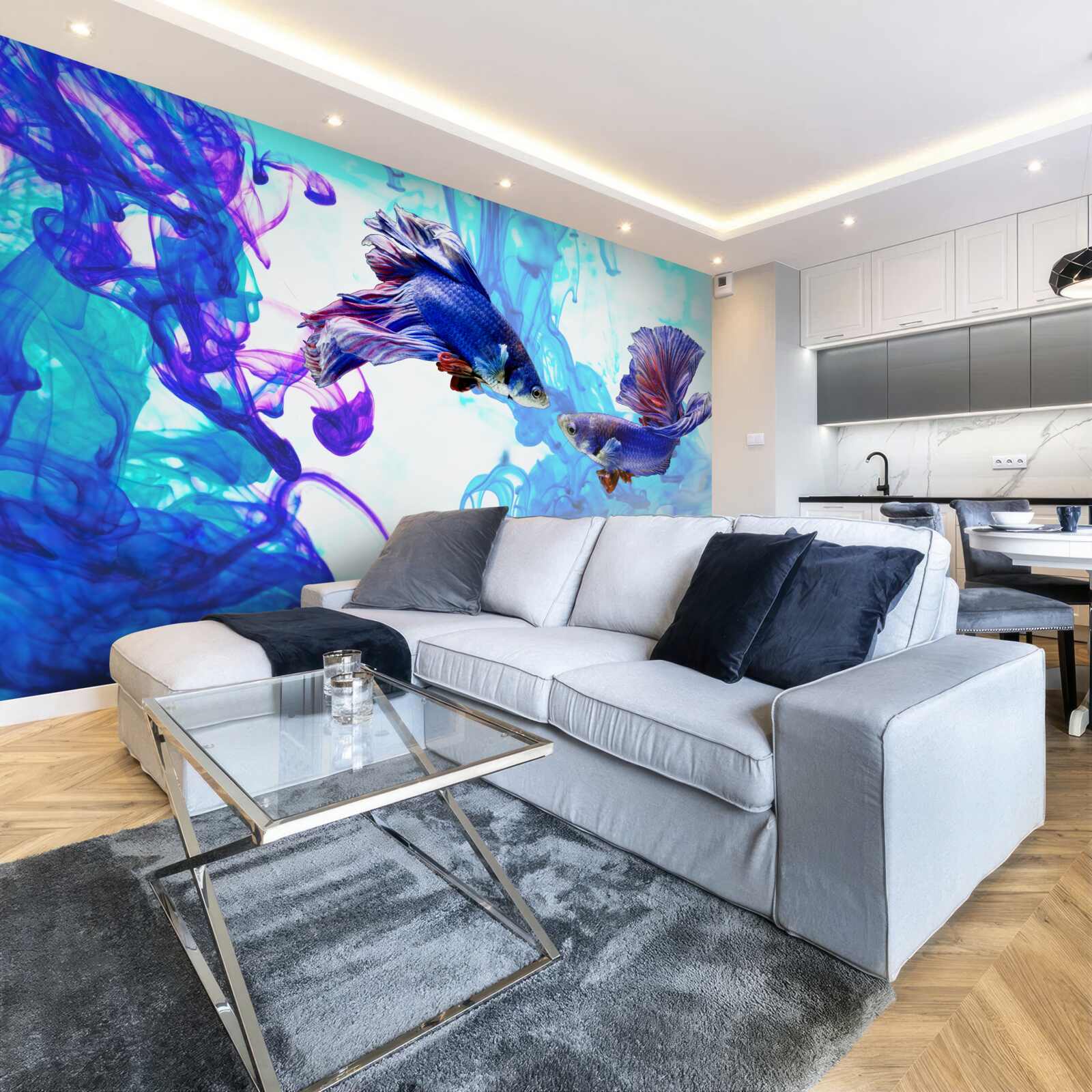 Fotobehang waterbewoners met staarten spelen in de natte elementen