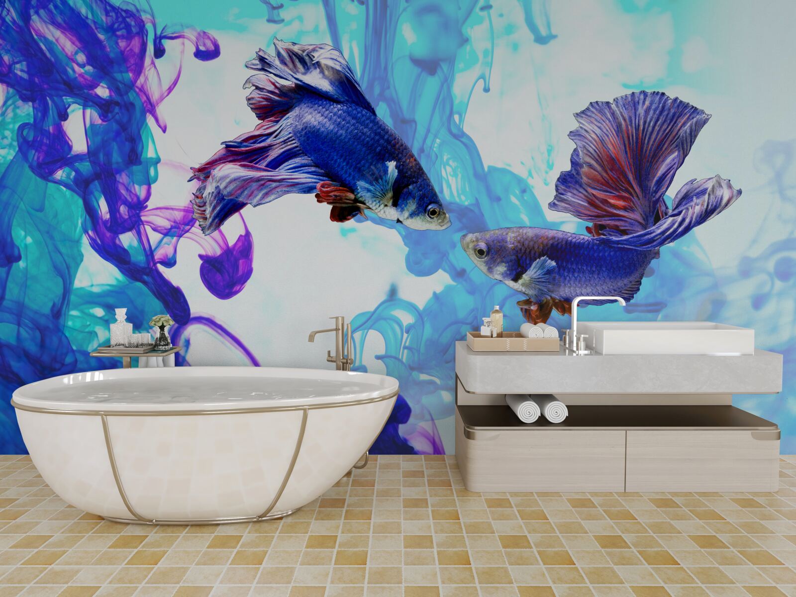 Fotobehang waterbewoners met staarten spelen in de natte elementen