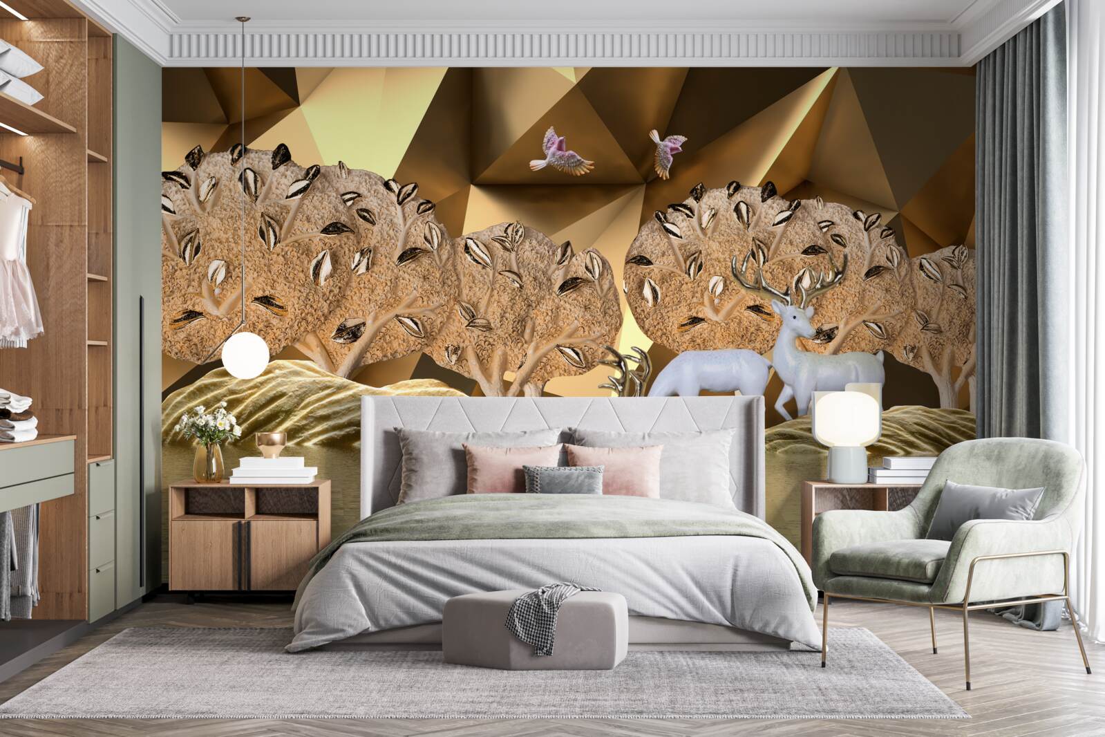 Fotobehang paarden bij een waterbron in het bos