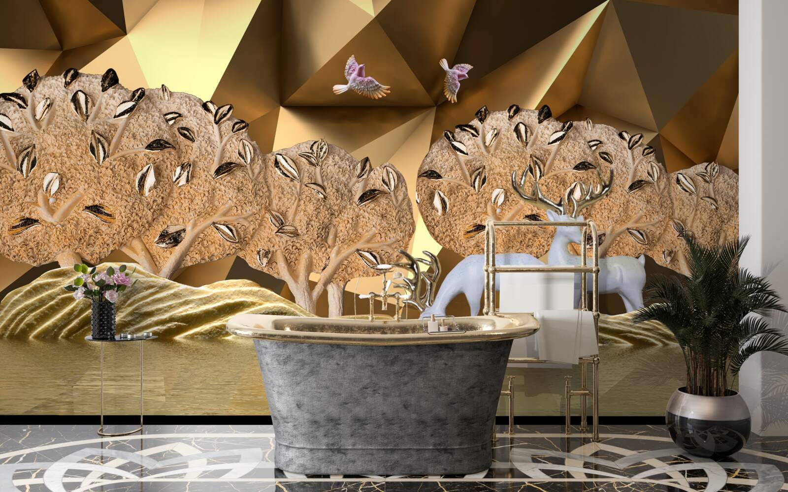 Fotobehang paarden bij een waterbron in het bos