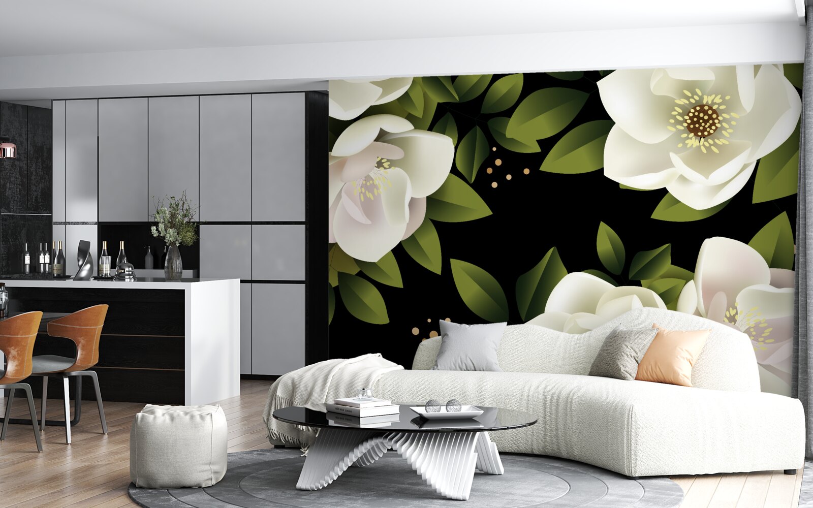 Fotobehang zwarte achtergrond omringt witte bloemen