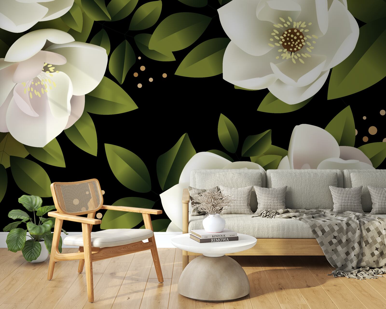 Fotobehang zwarte achtergrond omringt witte bloemen