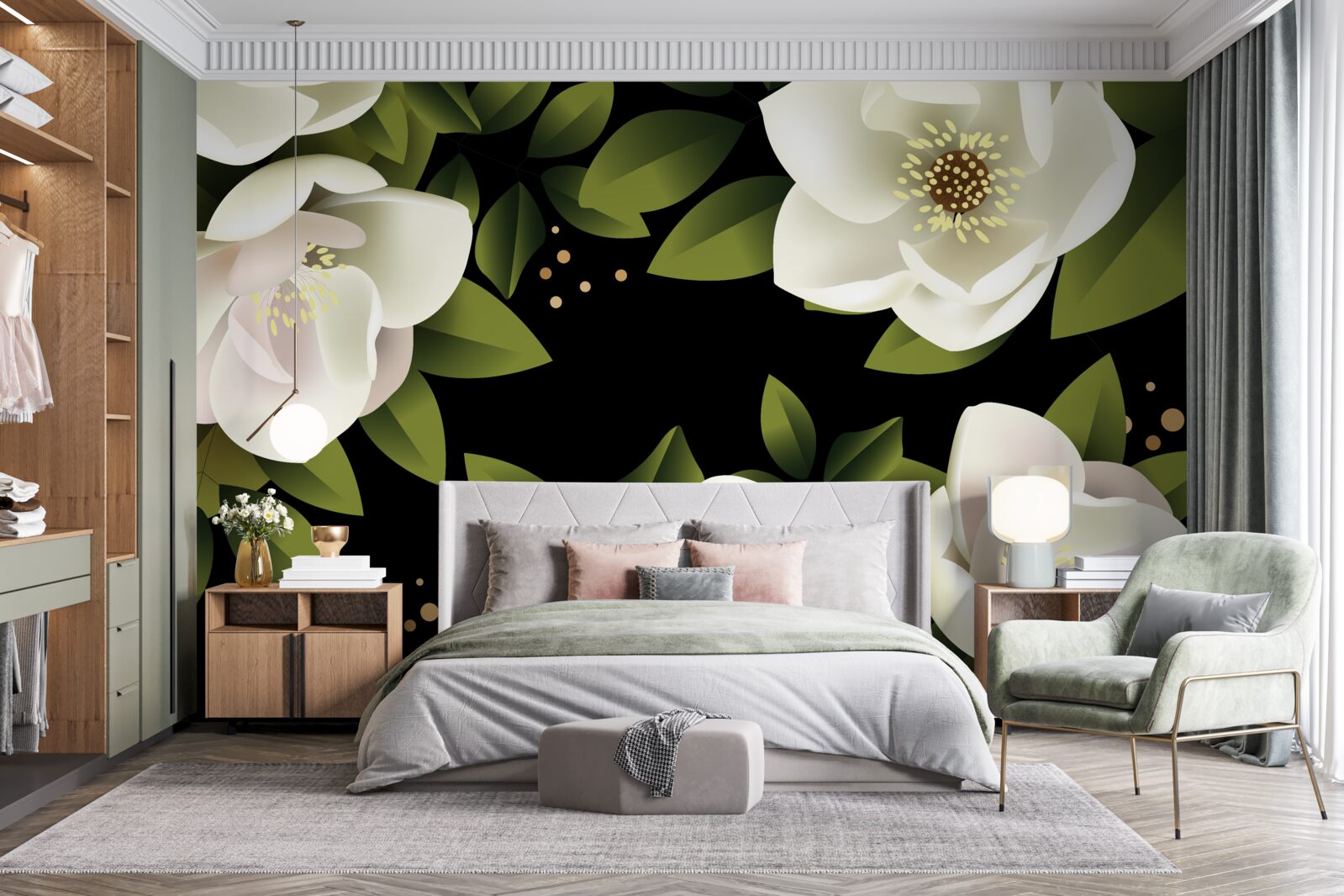 Fotobehang zwarte achtergrond omringt witte bloemen