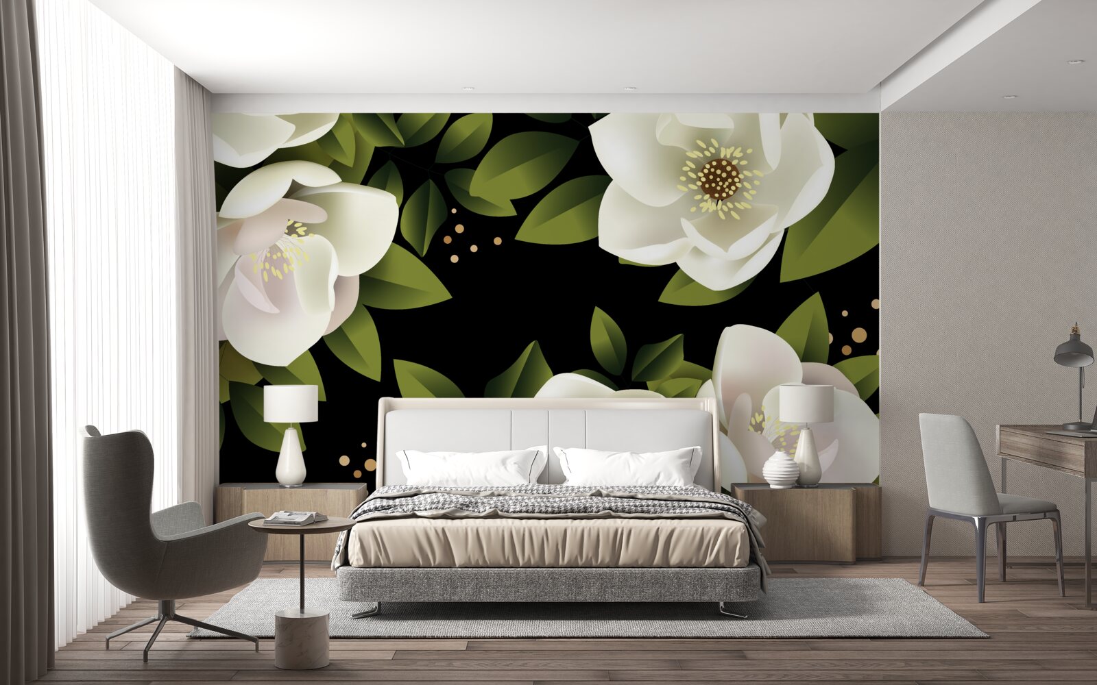 Fotobehang zwarte achtergrond omringt witte bloemen