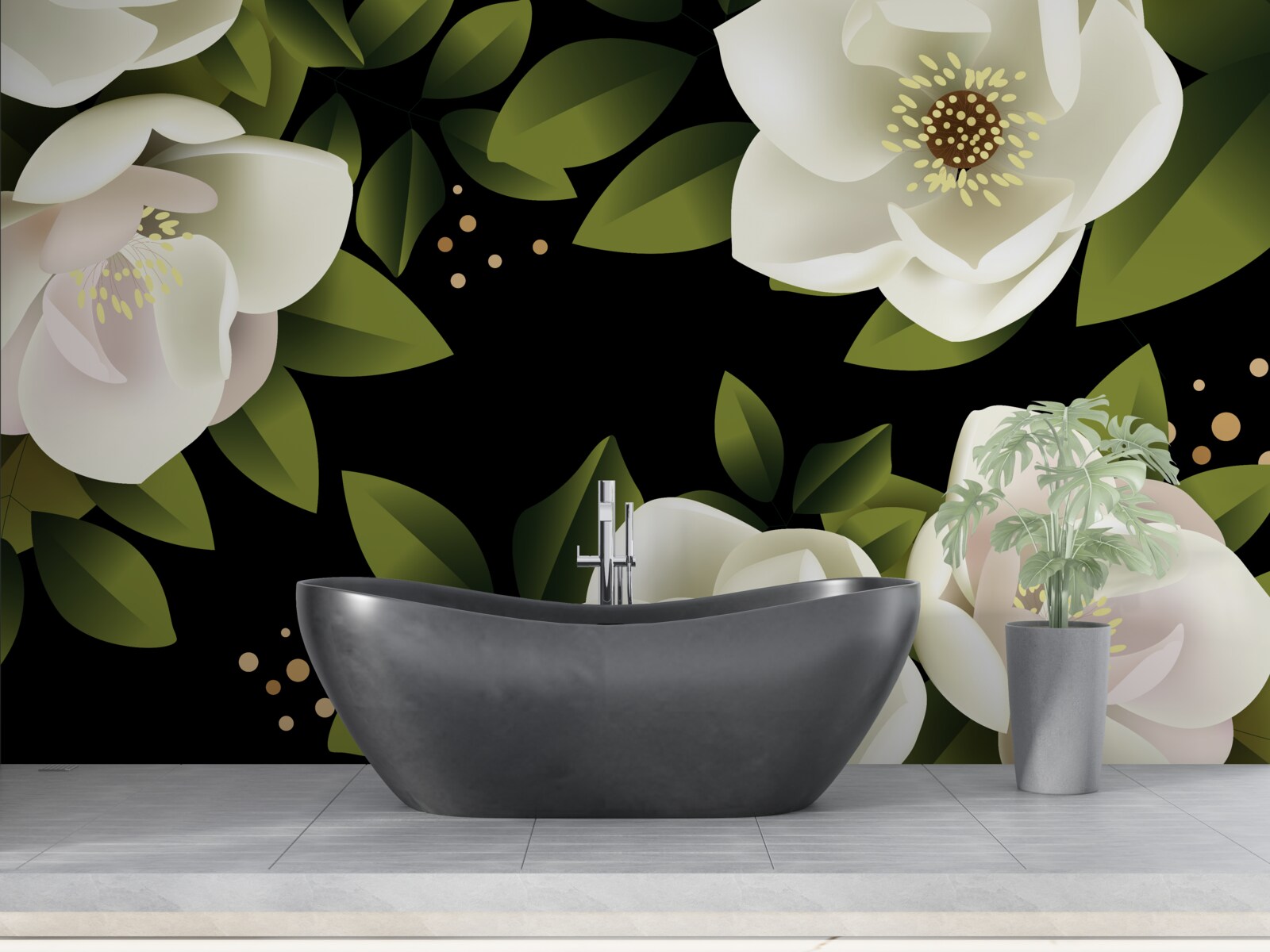 Fotobehang zwarte achtergrond omringt witte bloemen