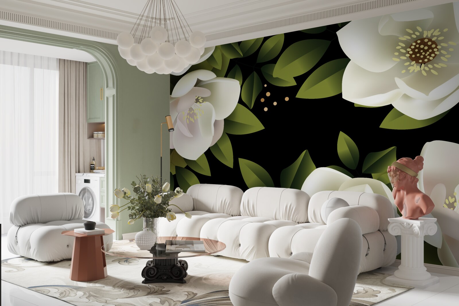 Fotobehang zwarte achtergrond omringt witte bloemen