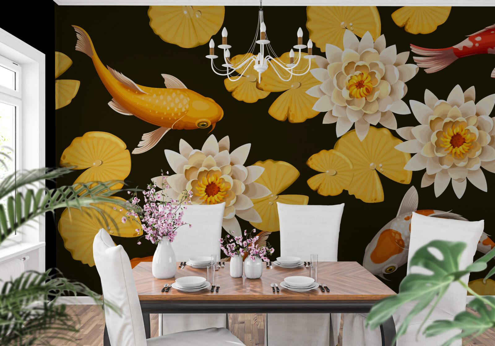 Fotobehang herfstmeer is versierd met bloeiende lotus