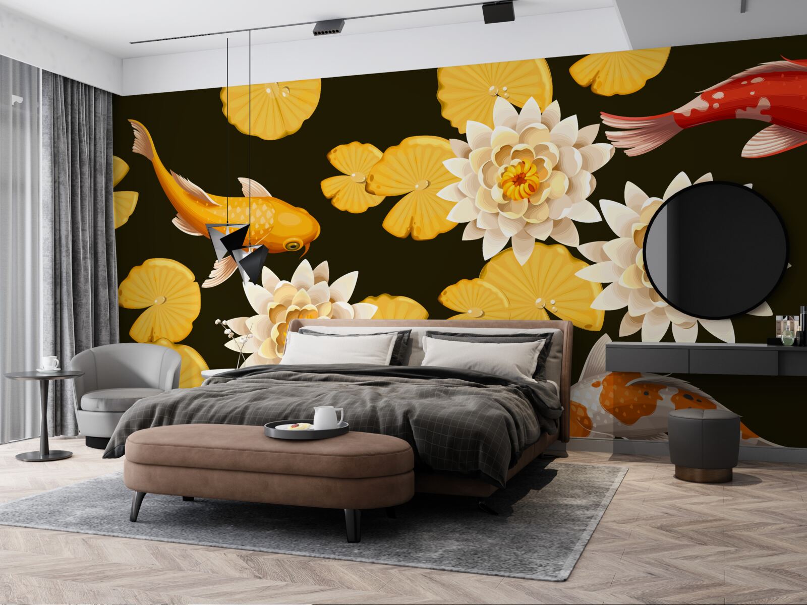 Fotobehang herfstmeer is versierd met bloeiende lotus