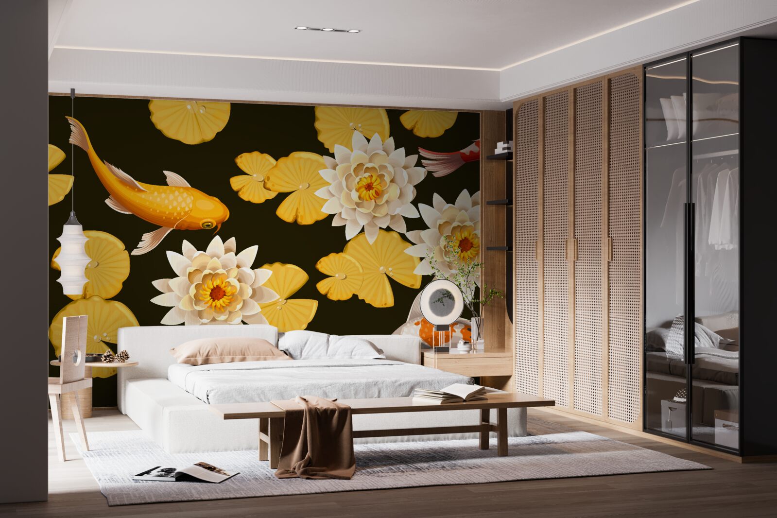 Fotobehang herfstmeer is versierd met bloeiende lotus