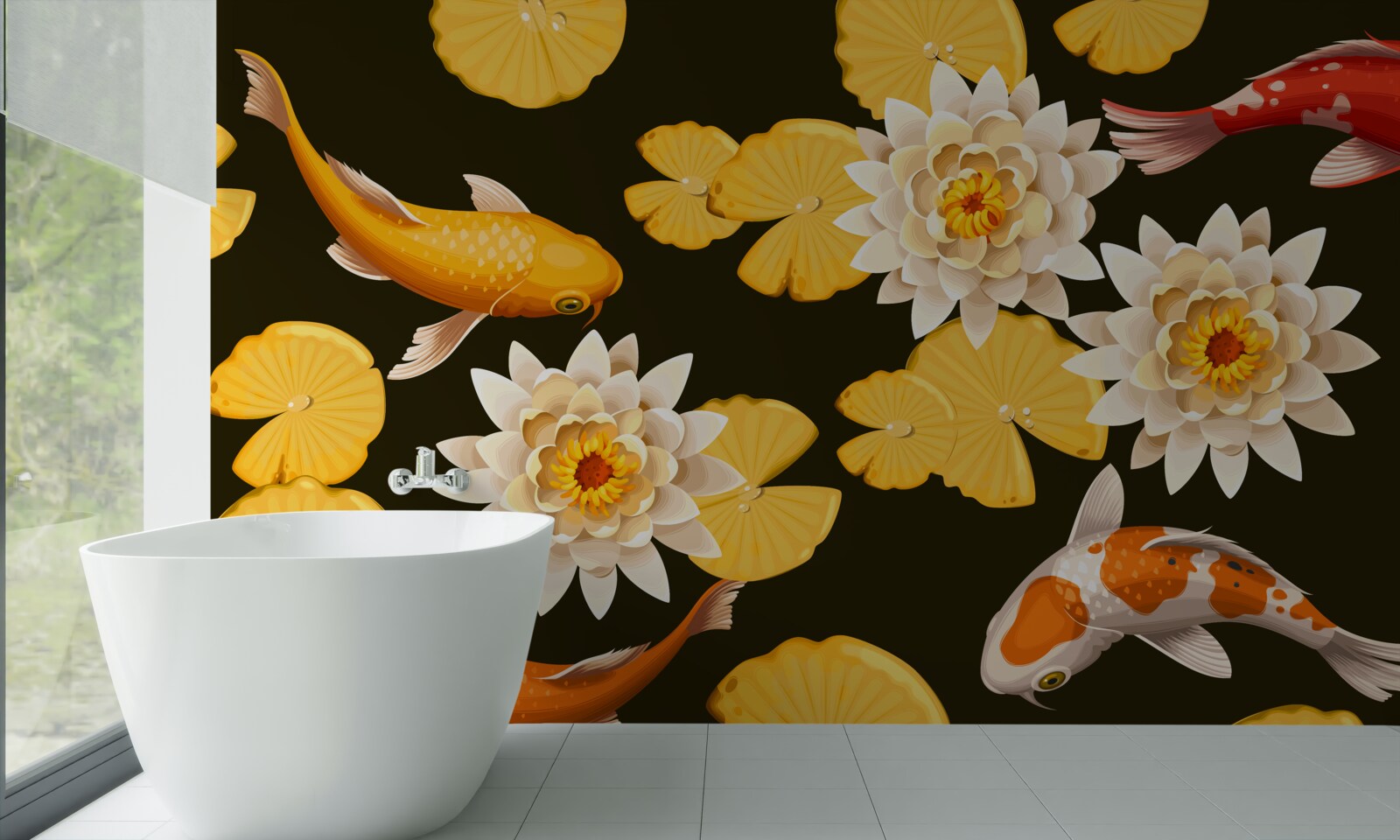 Fotobehang herfstmeer is versierd met bloeiende lotus