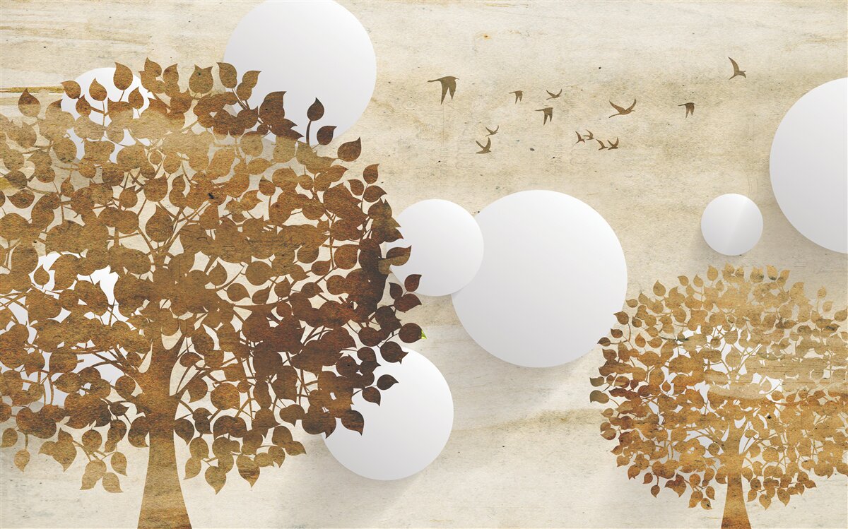 Fotobehang witte cirkels en bomen in een herfstzonsondergang