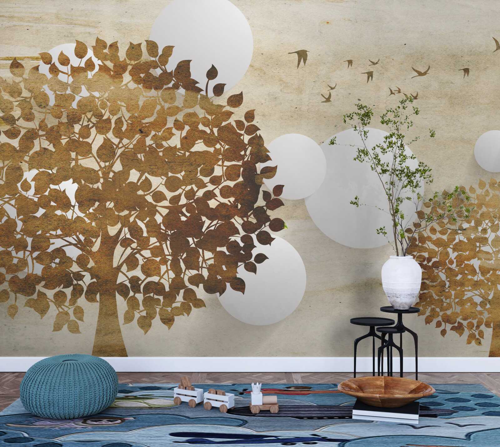 Fotobehang witte cirkels en bomen in een herfstzonsondergang