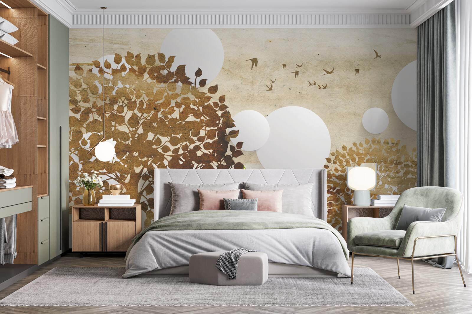 Fotobehang witte cirkels en bomen in een herfstzonsondergang