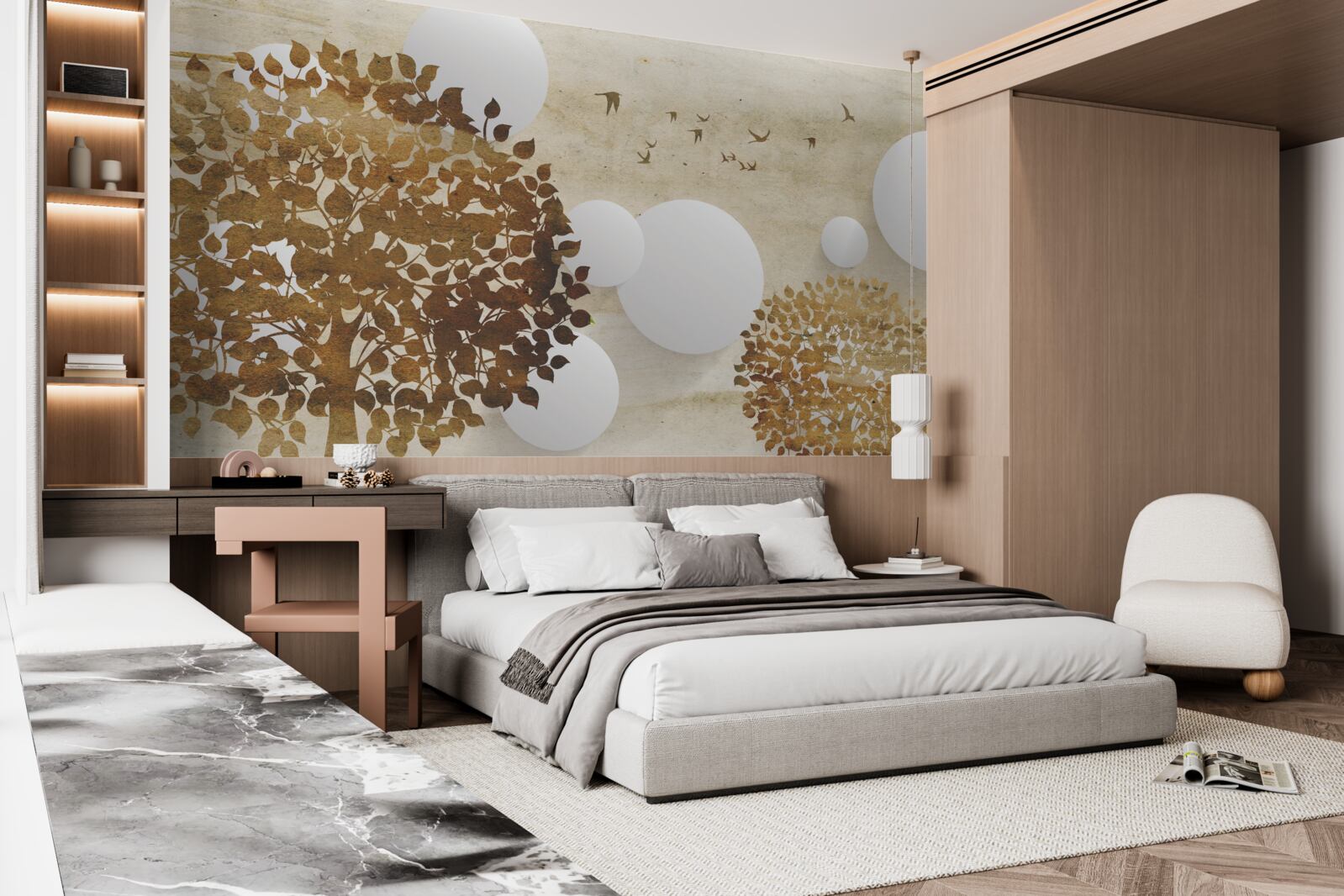 Fotobehang witte cirkels en bomen in een herfstzonsondergang