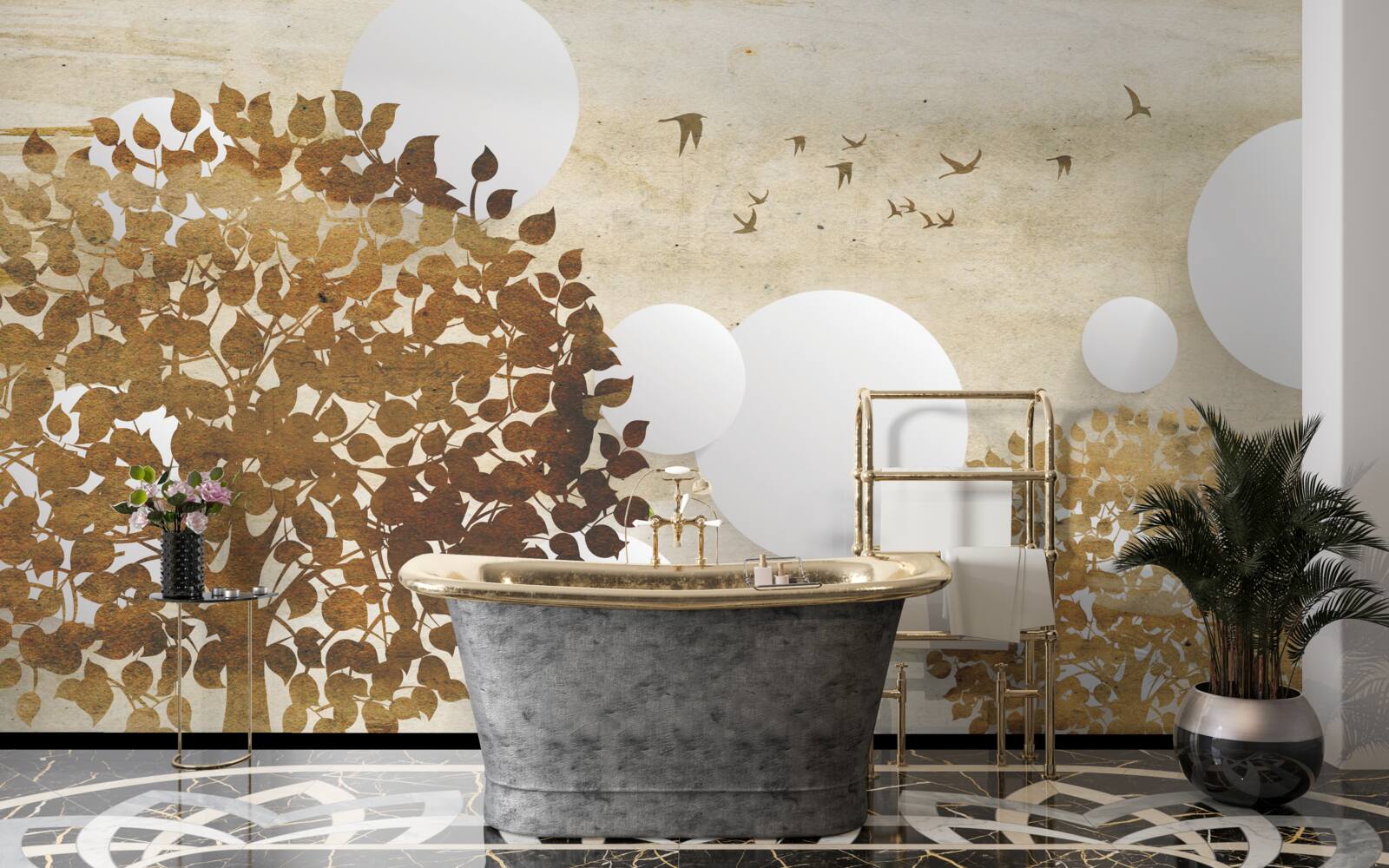 Fotobehang witte cirkels en bomen in een herfstzonsondergang