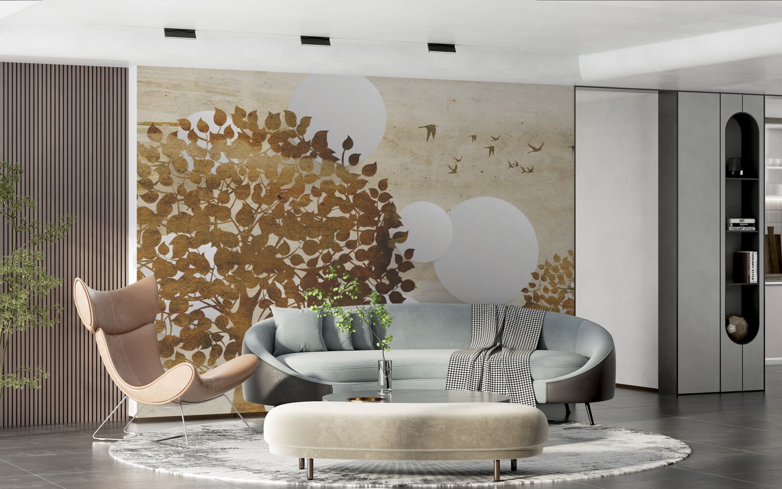 Fotobehang witte cirkels en bomen in een herfstzonsondergang