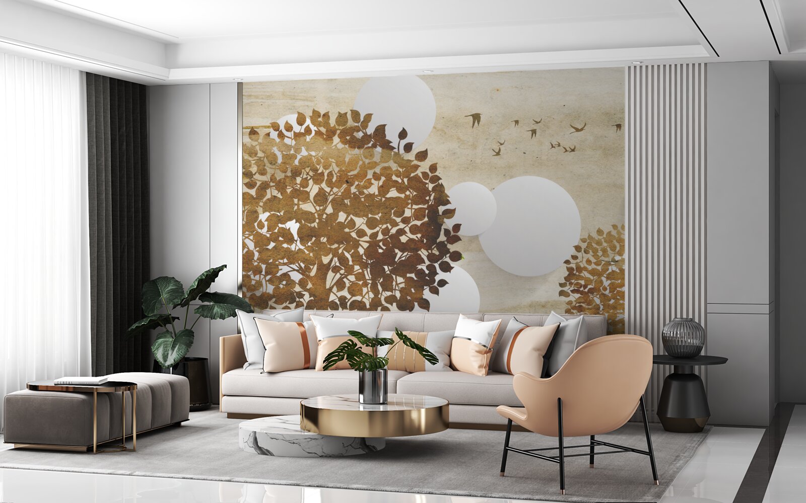 Fotobehang witte cirkels en bomen in een herfstzonsondergang