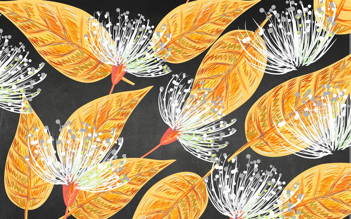 Fotobehang herfstbladeren met paardenbloemen