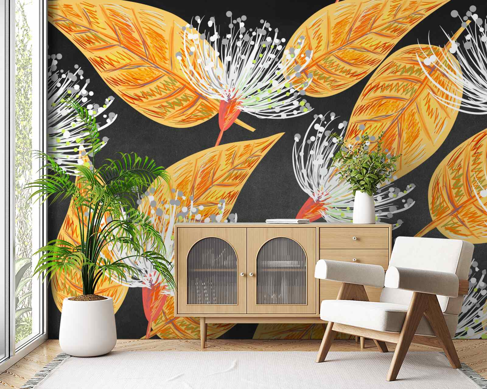 Fotobehang herfstbladeren met paardenbloemen