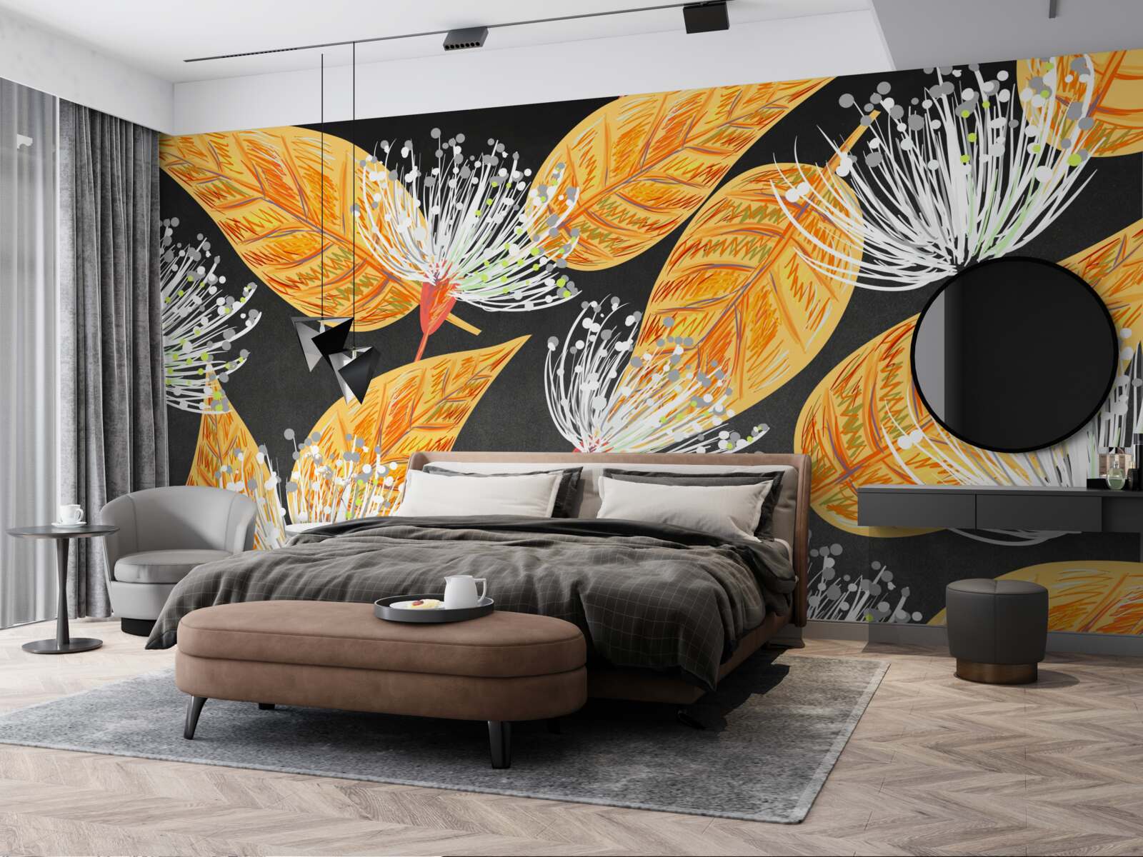 Fotobehang herfstbladeren met paardenbloemen