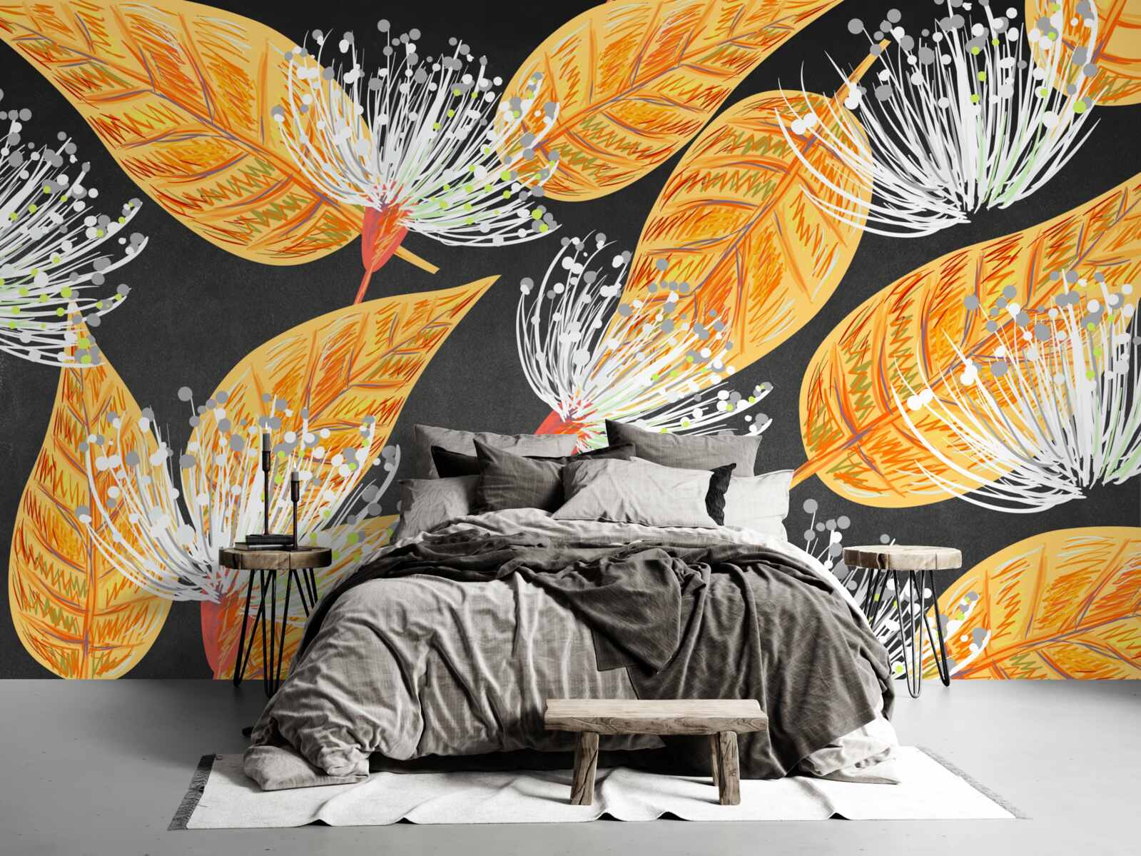 Fotobehang herfstbladeren met paardenbloemen