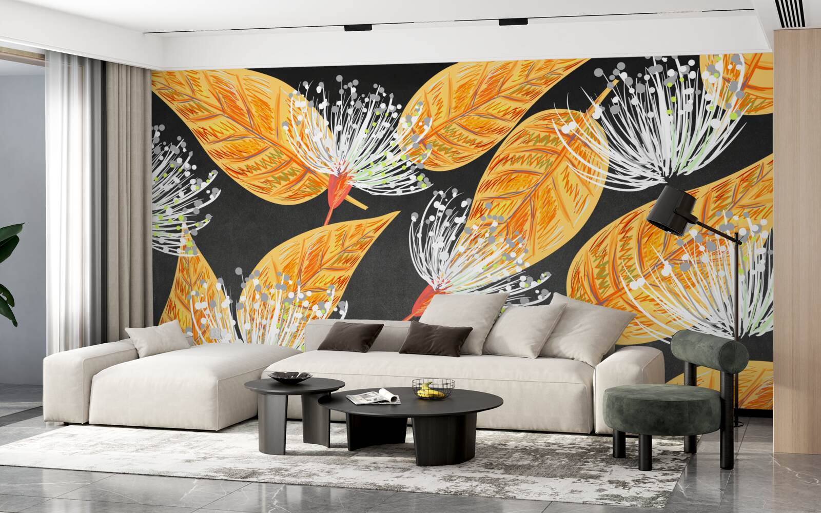 Fotobehang herfstbladeren met paardenbloemen