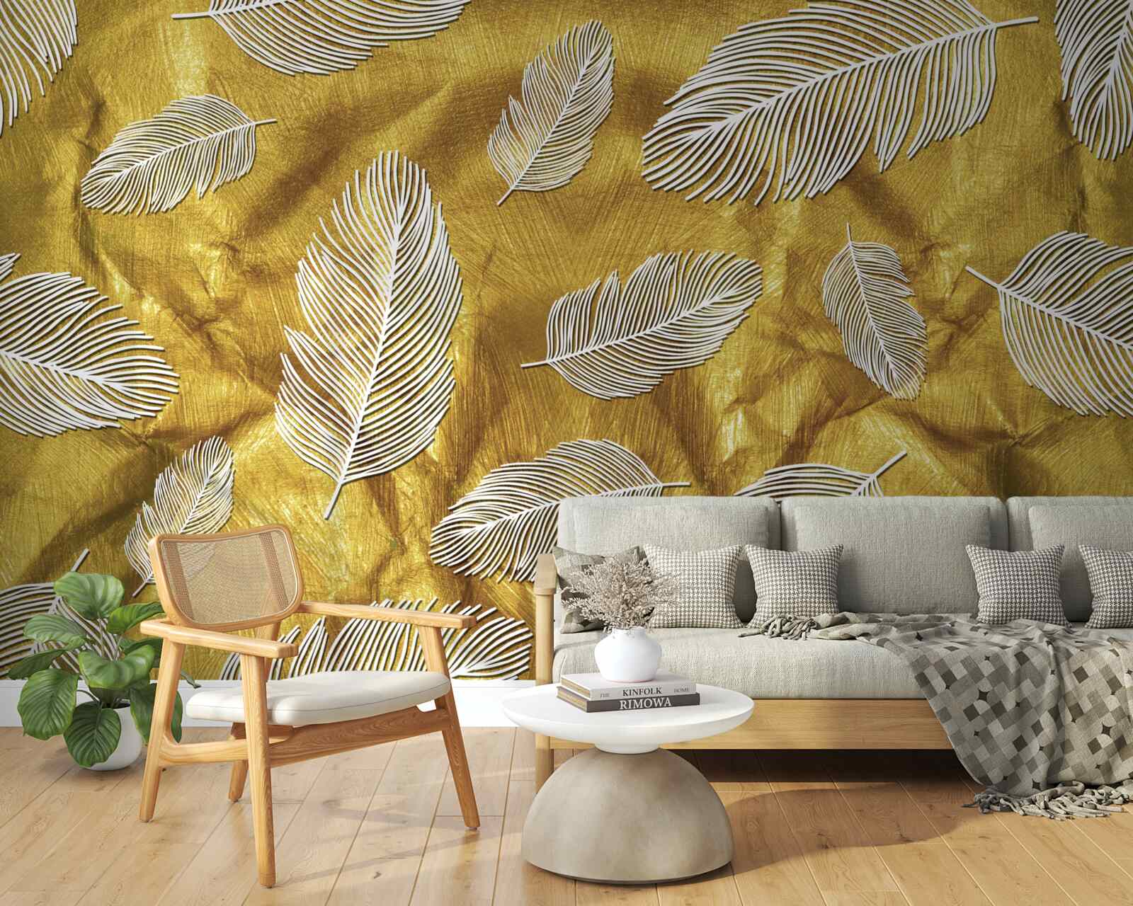 Fotobehang dunne witte veren op een gouden achtergrond