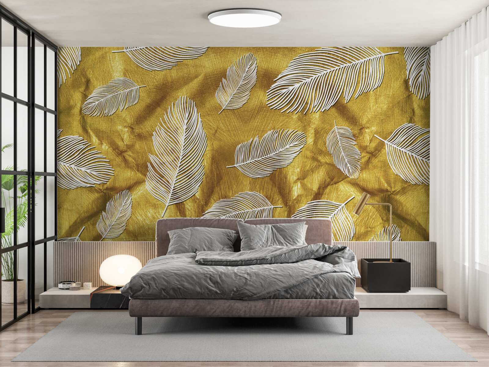 Fotobehang dunne witte veren op een gouden achtergrond