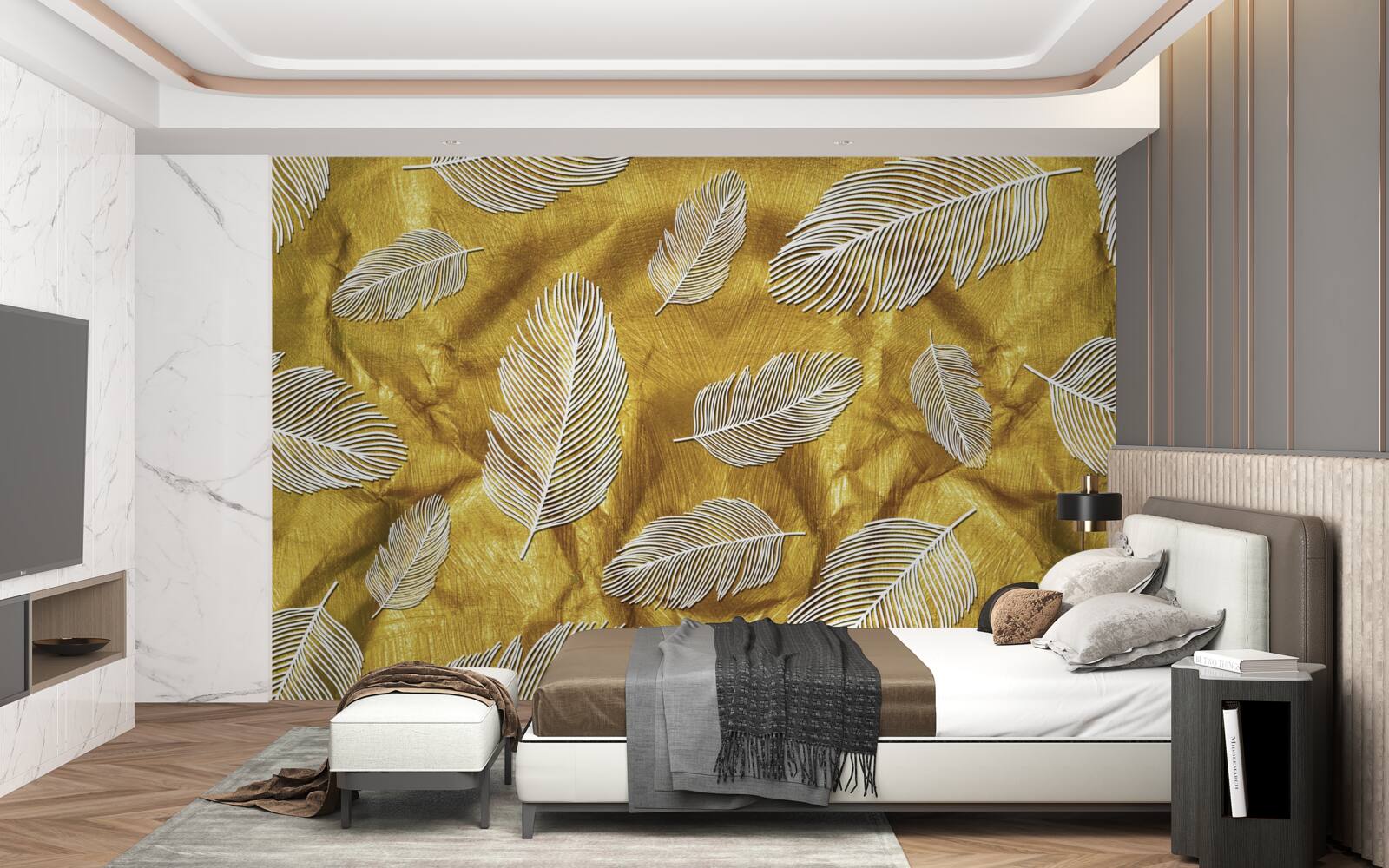 Fotobehang dunne witte veren op een gouden achtergrond