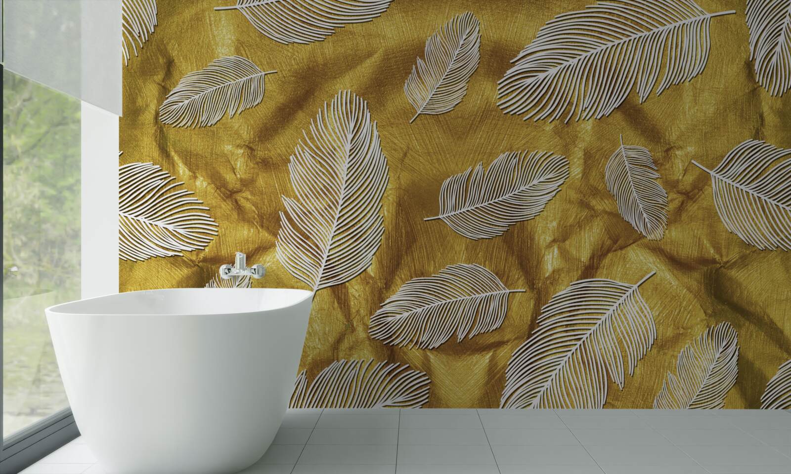 Fotobehang dunne witte veren op een gouden achtergrond